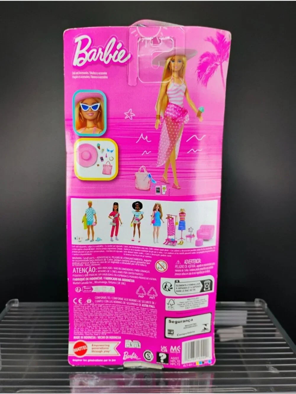 Barbie Beach Day Doll With Accessories Pink Striped Dress Swimwear
